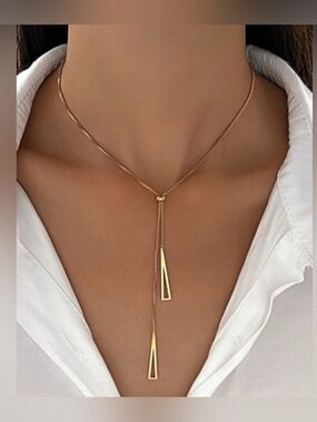 Gold Plated Stainless Steel Triangle Lariat Necklace | Minimalist Drop Pendant